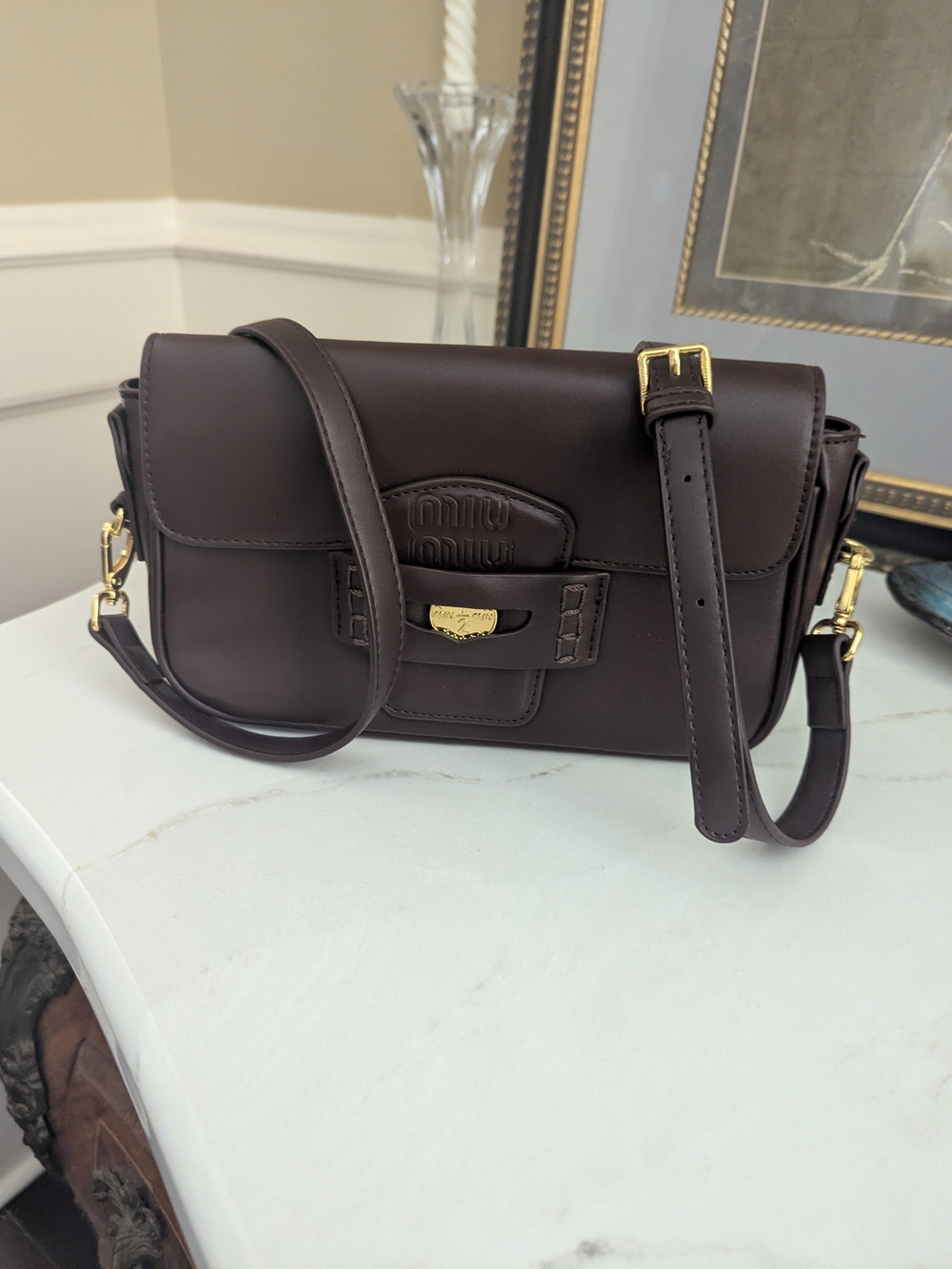 Miu Inspired Dark Brown Leather Crossbody with Gold Hardware